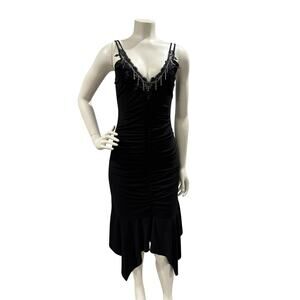Vtg Tube Dress Black Lace Beaded V-neckline Stretchy Y2k Whimsigoth asymmetrical